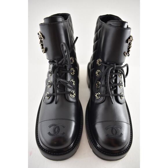 Chanel 21A Black Quilted Gold CC Chain Combat Lace Up Tie Ankle Short Boots 36 - Picture 9 of 15